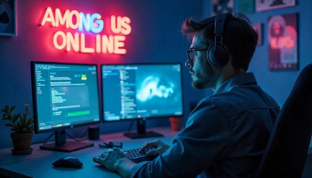 A man working at a desk with two computer displays and a neon "Among Us Online" sign, engaging in a gaming adventure.