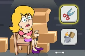 A cheerful cartoon woman on a chair, with scissors in hand and a box beside her, preparing to craft.