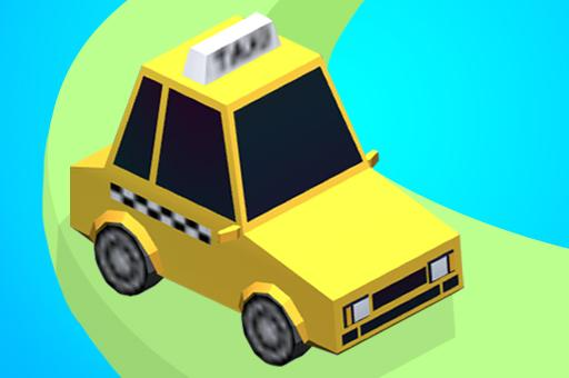A cheerful yellow taxi moves along a green road surrounded by nature.