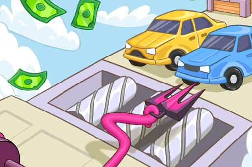 A colorful cartoon car drives through a parking garage, with money fluttering out, creating a humorous and lively image.