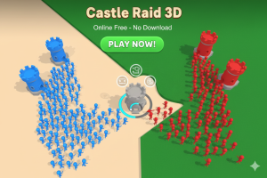 Screenshot from a 3D castle raid game, showing knights attacking a fortified castle with vibrant graphics.
