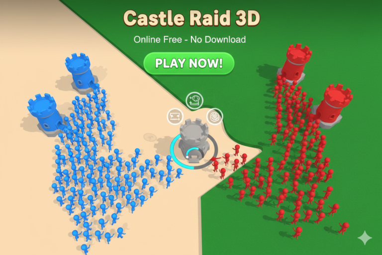 Screenshot from a 3D castle raid game, showing knights attacking a fortified castle with vibrant graphics.