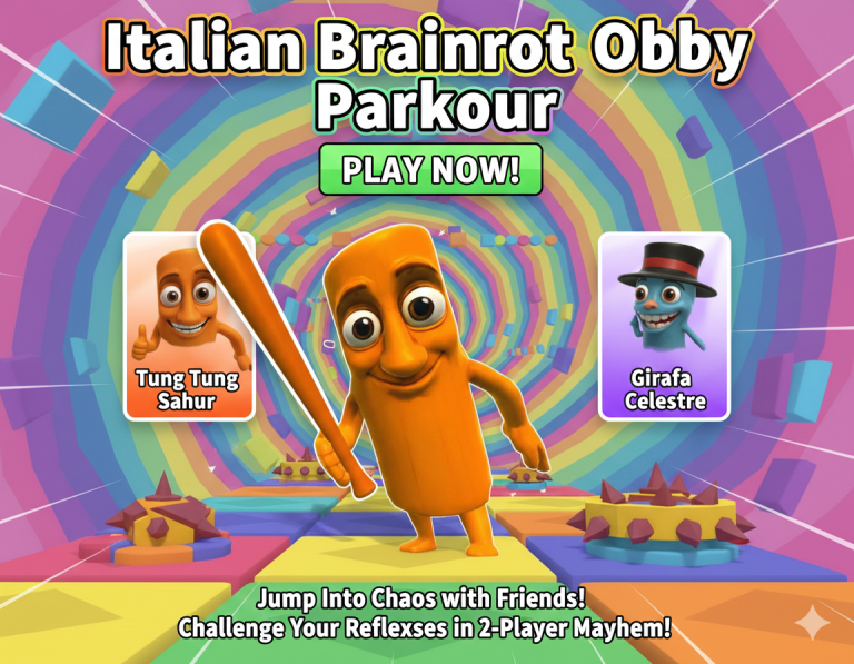 Characters from Italian Brainrot Obby Parkour leap through wild obstacles, blending humor and intense parkour action in a vibrant setting.