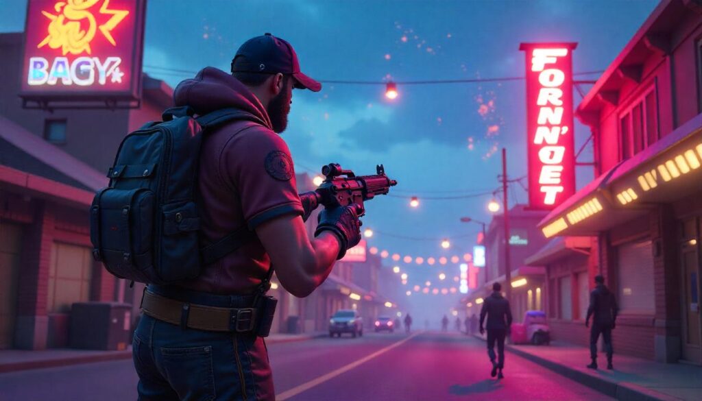 A man stands with a gun, illuminated by a colorful neon sign in the background, adding a dramatic flair to the scene.