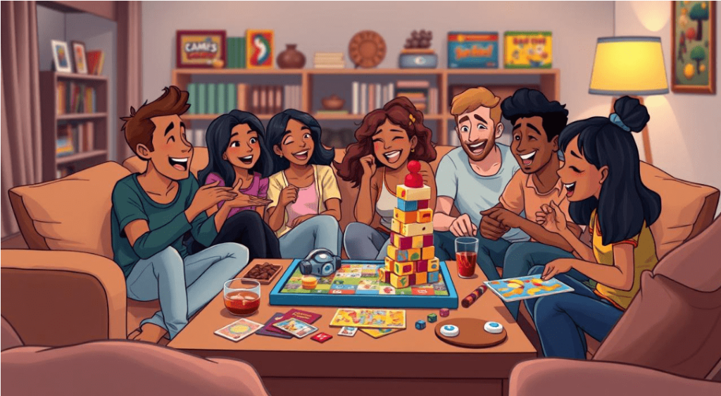 Friends sitting together, focused on their board game, sharing smiles and excitement.