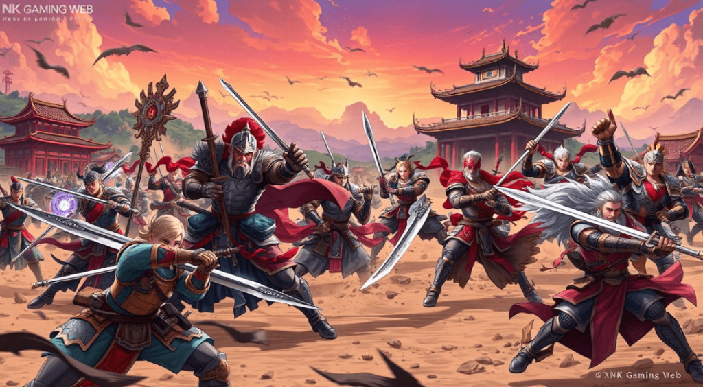 A band of sword-bearing individuals stands confidently in the desert, surrounded by golden sand and bright sunlight.