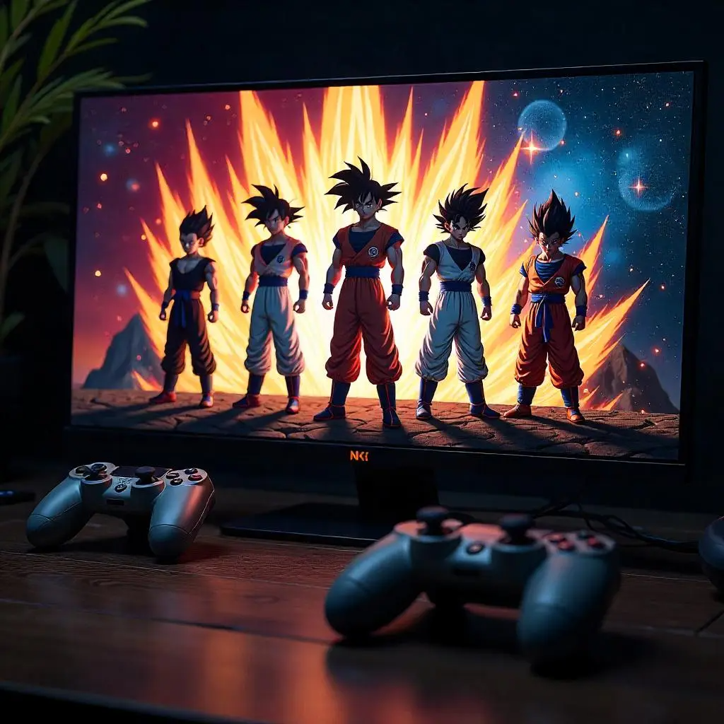 A sleek gaming monitor adorned with popular Dragon Ball characters, enhancing the gaming experience with vibrant visuals.