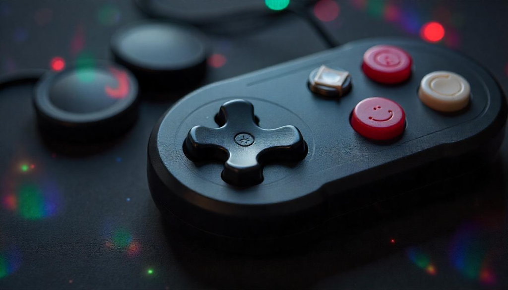 A video game controller illuminated with vibrant, colorful lights, showcasing its modern design and gaming appeal.