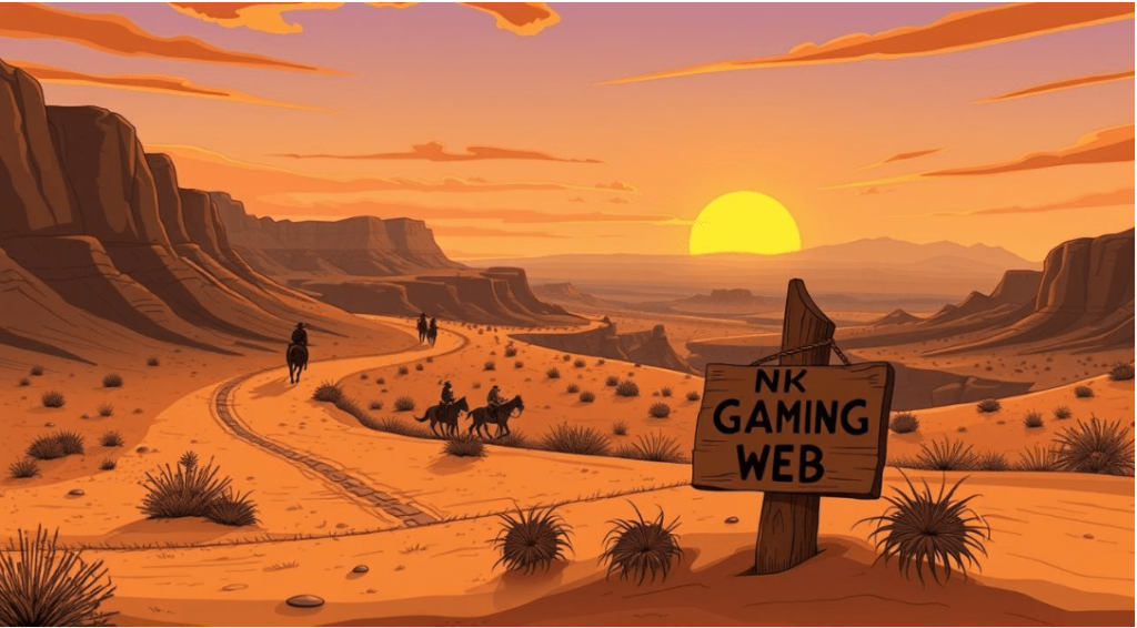 Cartoon depiction of a desert highway with a cheerful sign labeled "NK Games Web," framed by cacti and a sunny sky.