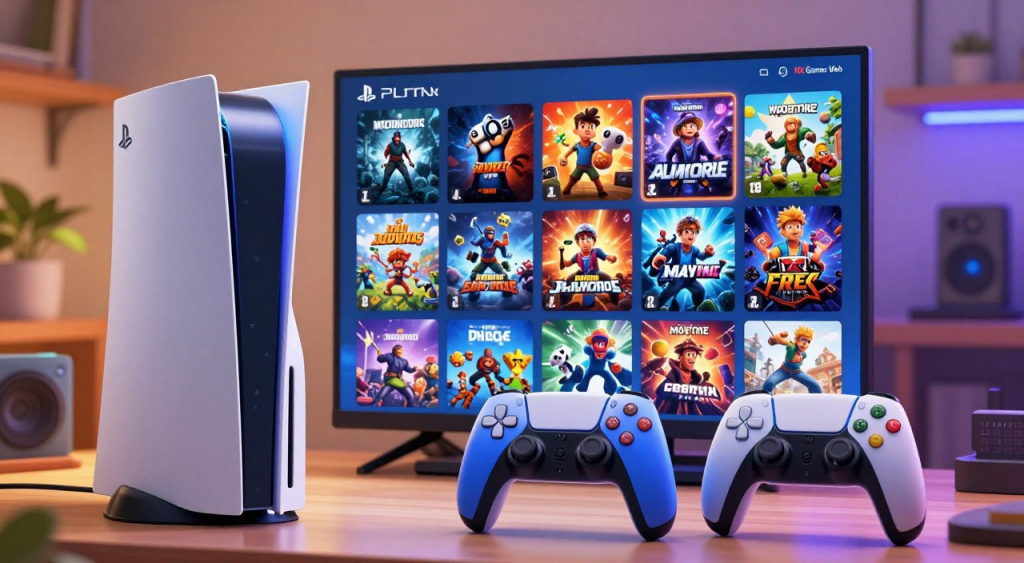 PlayStation 5 and controllers in blue and black, arranged with game covers in a cozy, dimly lit gaming environment with LED accents.