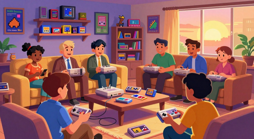 A group of friends playing classic video games together in a cozy living room during sunset, enjoying a friendly gaming session.