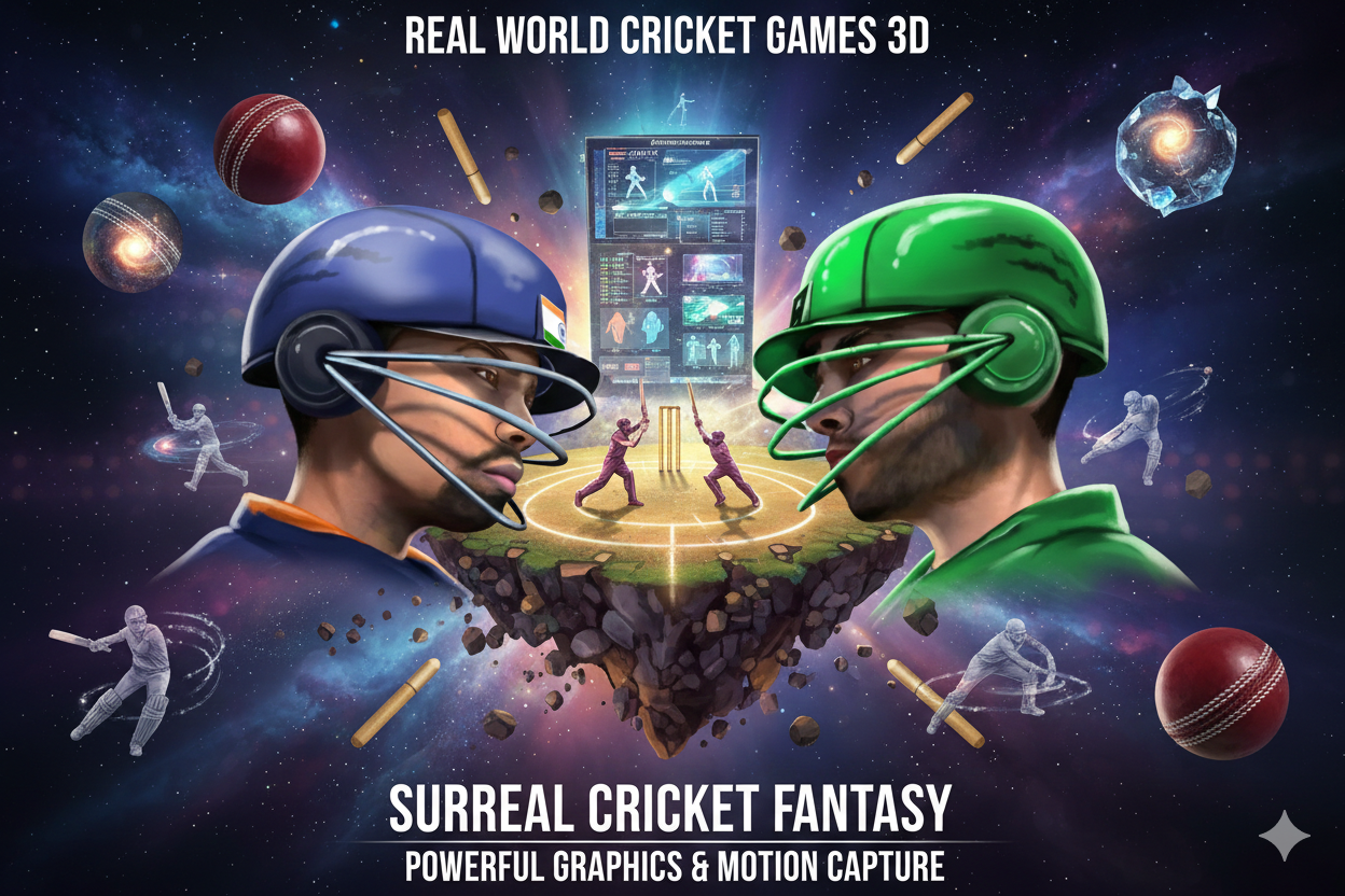 Digital artwork of two cricket players wearing futuristic helmets facing each other in a surreal universe setting, emphasizing a fantasy cricket game.