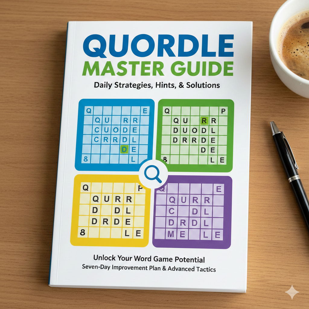 Quordle Master Guide image showcasing daily strategies and hints for mastering the four-puzzle word game Quordle.