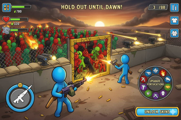 Colorful cartoon characters defend a fortress against a horde of red and green enemies as the sunset silhouettes the background.
