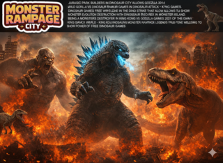 Fierce Godzilla and Kong battle amidst a fiery destruction scene in Monster Rampage City, with monsters roaring and smoke billowing in the background.