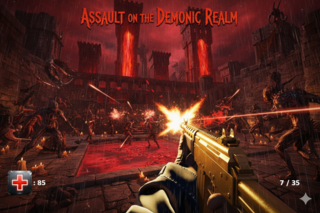 Game cover of "Assault on the Demon Realm," highlighting fast-paced FPS action in a vivid, demonic world filled with danger.