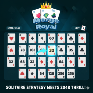 A colorful digital game screen of Merge Royal featuring various playing cards with numbers and suits, topped with a crown and a sparkling effect, showcasing a fun and engaging merge puzzle.