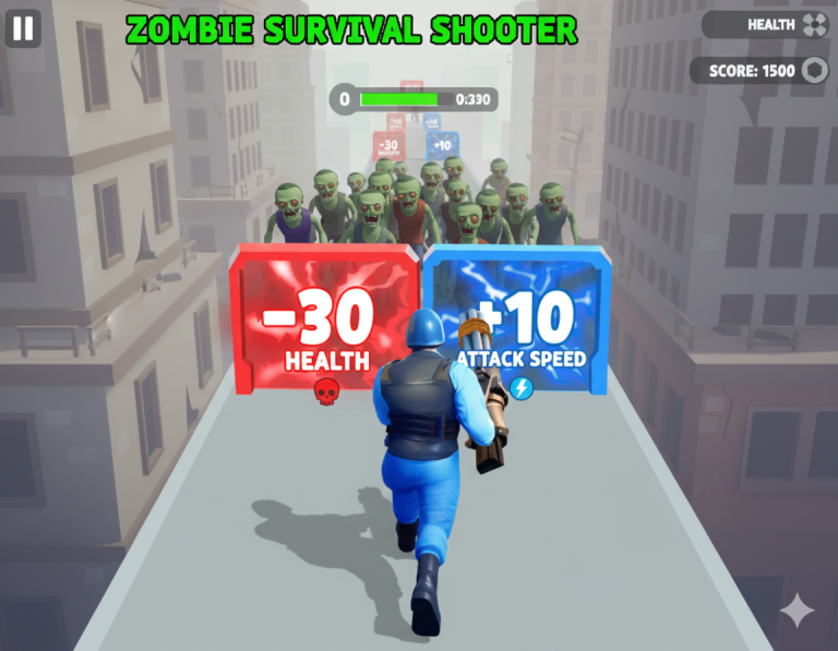 A vibrant game scene from Zombie Survival Shooter showing a soldier running towards a horde of green zombies on a city rooftop.