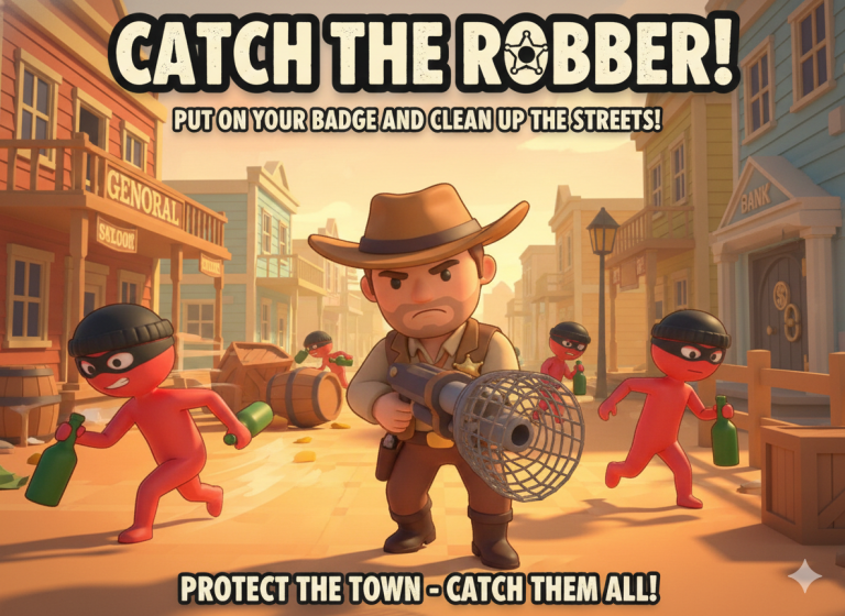 Cartoon sheriff with a determined expression holding a stun gun in a Wild West town street, surrounded by robbers wearing masks and holding bottles.