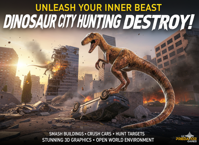Dinosaur attacking a city with skyscrapers in the background, destroying buildings and cars during a chaotic scene.
