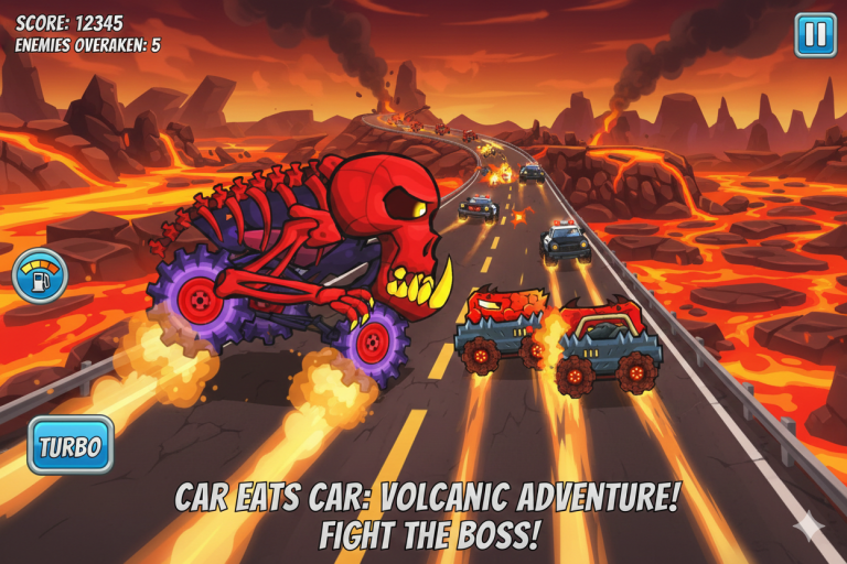 Cartoon-style game scene featuring a red skeleton car with a fiery volcanic landscape in the background, battling police cars.