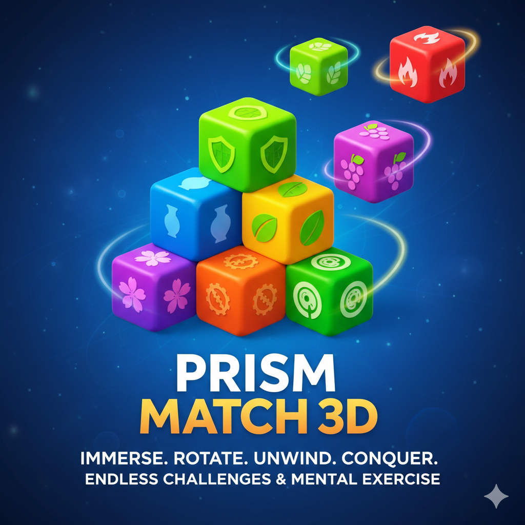 Colorful 3D cubes with symbols representing nature, health, and technology, floating against a starry blue background for Prism Match 3D game.