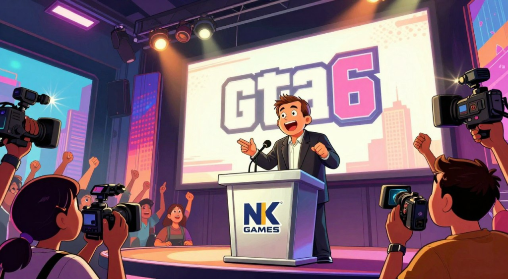 A well-dressed spokesperson announces GTA 6 in a bustling conference hall, with fans cheering and colorful screens in the background.
