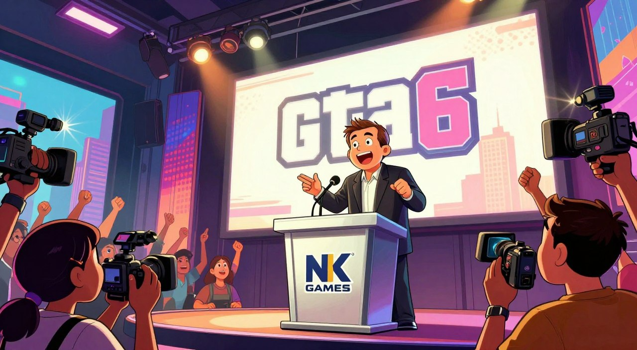 A well-dressed spokesperson announces GTA 6 in a bustling conference hall, with fans cheering and colorful screens in the background.