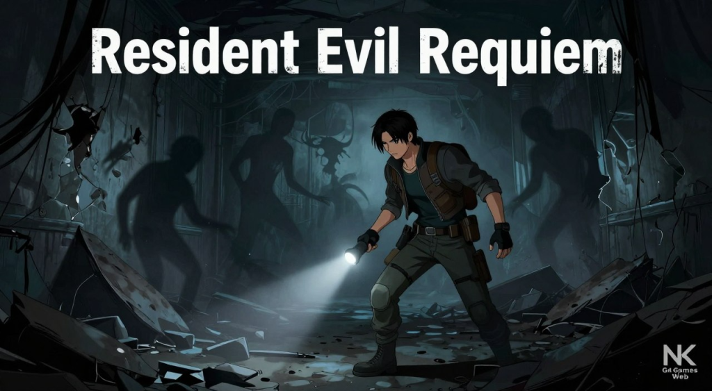 A player in survival gear shines a flashlight in a dark, eerie environment filled with shadows and lurking creatures from Resident Evil Requiem.