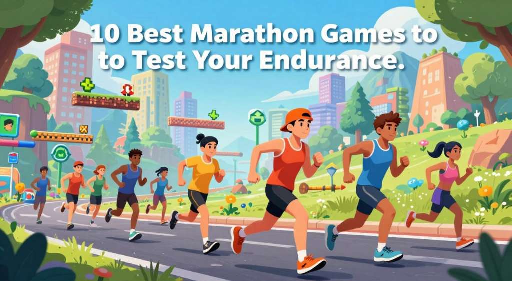A vibrant scene of diverse runners mid-stride, surrounded by gaming elements and a colorful city skyline, showcasing marathon games.