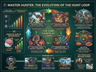 Chart depicting "Master Hunter: The Evolution of the Hunt Loop," summarizing gameplay, monster strategies, and franchise development.