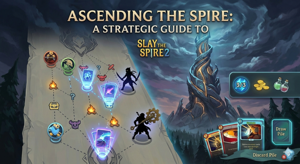 Cover image of "Ascending the Spire," a strategic guide for Slay the Spire 2, showcasing new characters and gameplay elements.
