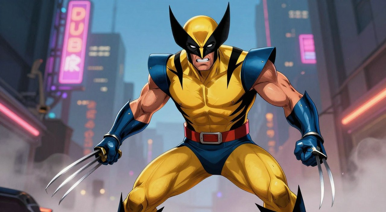 Wolverine, dressed in yellow and blue, fiercely poses in a gritty city scene, his adamantium claws shining under dramatic lighting.