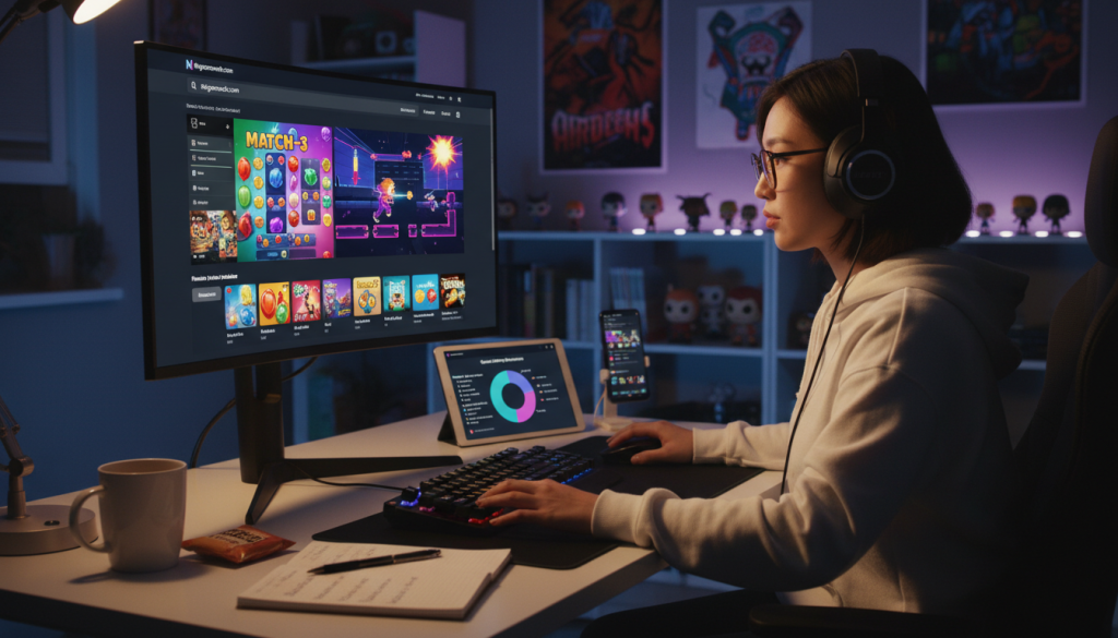 A woman at a desk interacts with a computer screen, holding a game controller, immersed in her activity.
