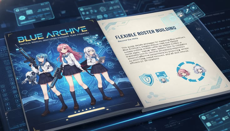 Blue Archive game artwork featuring characters, emphasizing tactical strategies for successful endgame team compositions.