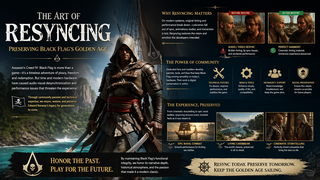 Infographic about the importance of "resyncing" in preserving the gaming experience of Assassin's Creed IV: Black Flag. It highlights community efforts, technical enhancements, and the commitment to maintaining the game's immersive storytelling and performance. Key sections include the impact of resyncing, community contributions, and the preservation of gameplay elements.
