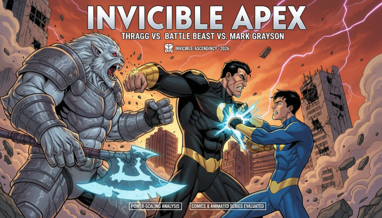 "Invisible Ape Vol 1: The Battle of the Beasts" cover featuring Thragg, Battle Beast, and Mark Grayson engaged in intense combat.