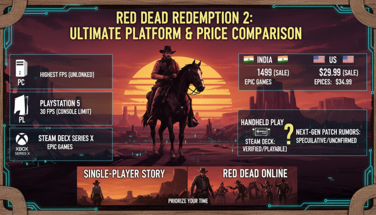 Chart comparing Red Dead Redemption 2 on PC, PS5, Xbox Series X, and Steam Deck, focusing on performance and pricing differences.