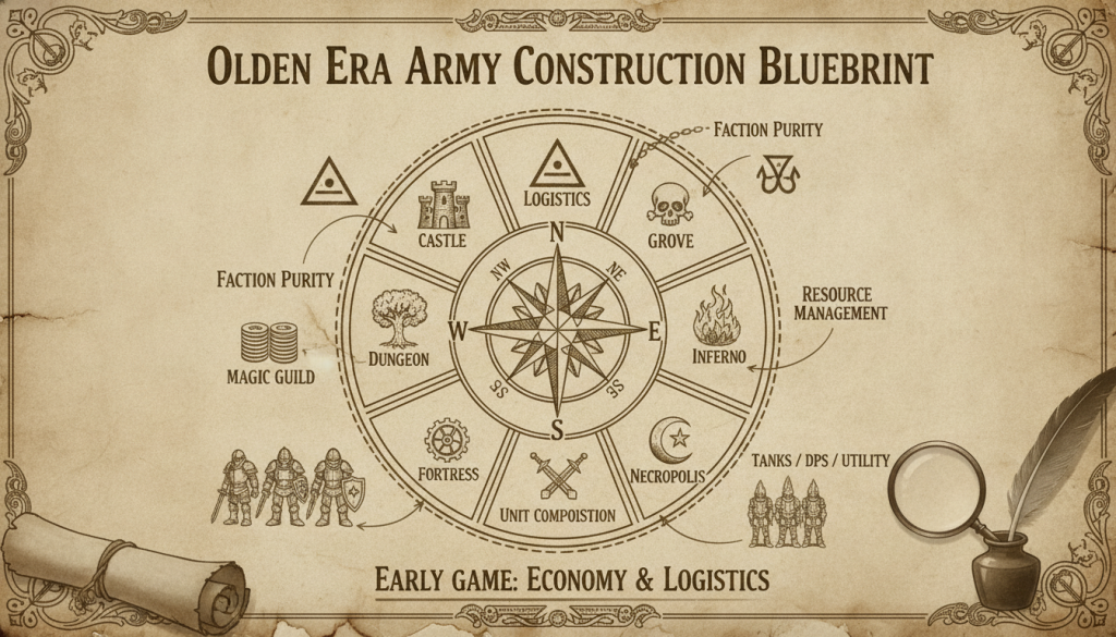 Vintage map displaying a strategic army construction blueprint for Heroes of Might and Magic: Olden Era gameplay.