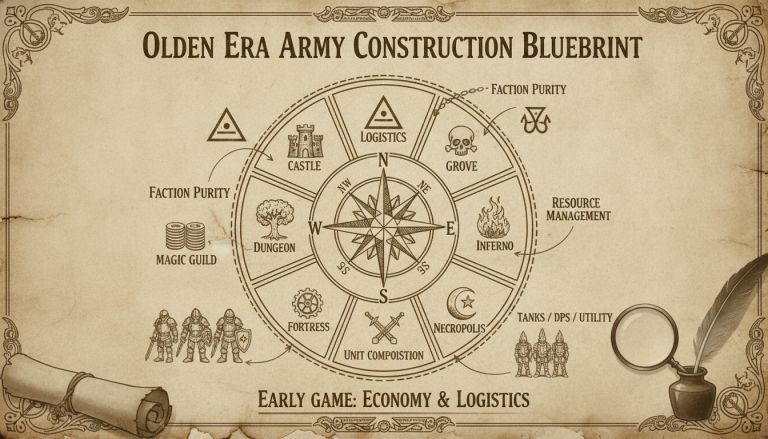 Vintage map displaying a strategic army construction blueprint for Heroes of Might and Magic: Olden Era gameplay.