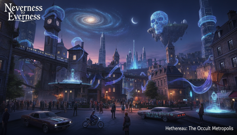 A vibrant, neon-lit city of Hethereau, blending futuristic architecture with elements of urban life and adventure.